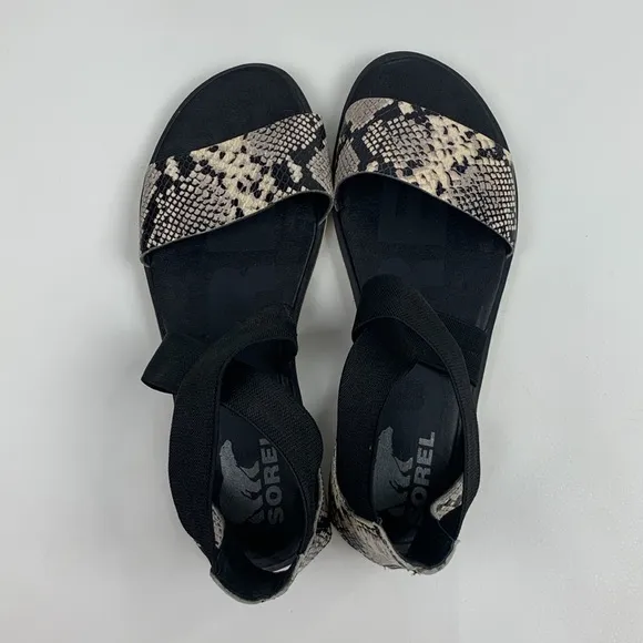Sorel Ella II Black Creme Snakeskin Sandals flats Elastic cross ankle strap 10