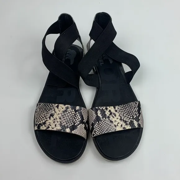 Sorel Ella II Black Creme Snakeskin Sandals flats Elastic cross ankle strap 10
