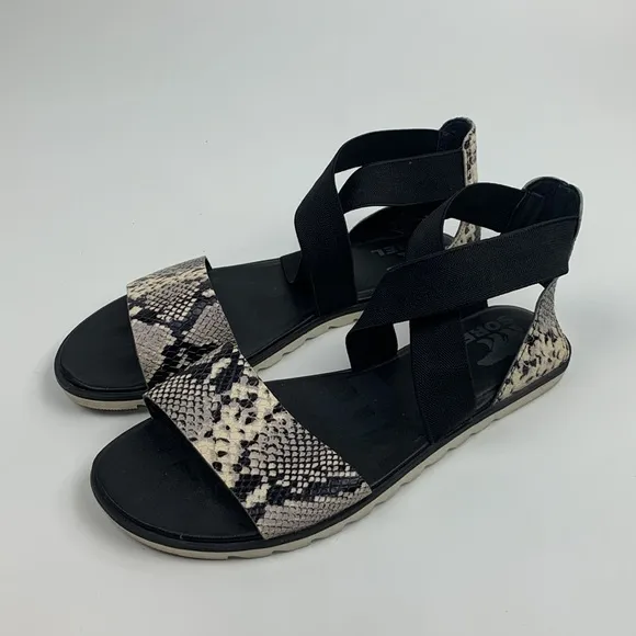Sorel Ella II Black Creme Snakeskin Sandals flats Elastic cross ankle strap 10
