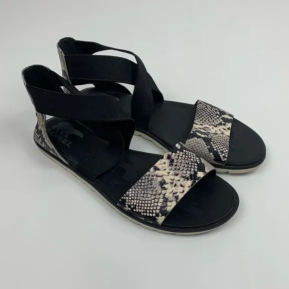 Sorel Ella II Black Creme Snakeskin Sandals flats Elastic cross ankle strap 10