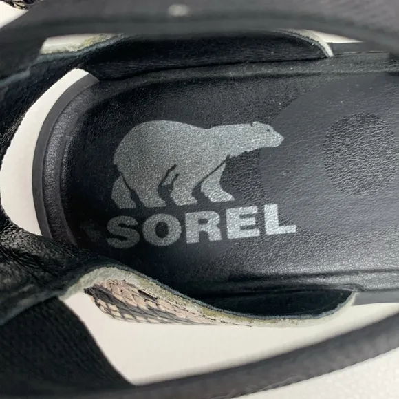 Sorel Ella II Black Creme Snakeskin Sandals flats Elastic cross ankle strap 10