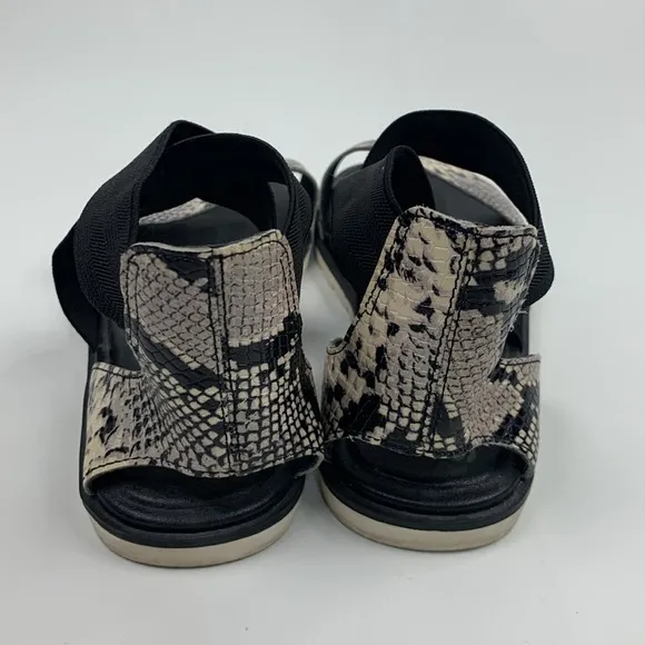 Sorel Ella II Black Creme Snakeskin Sandals flats Elastic cross ankle strap 10