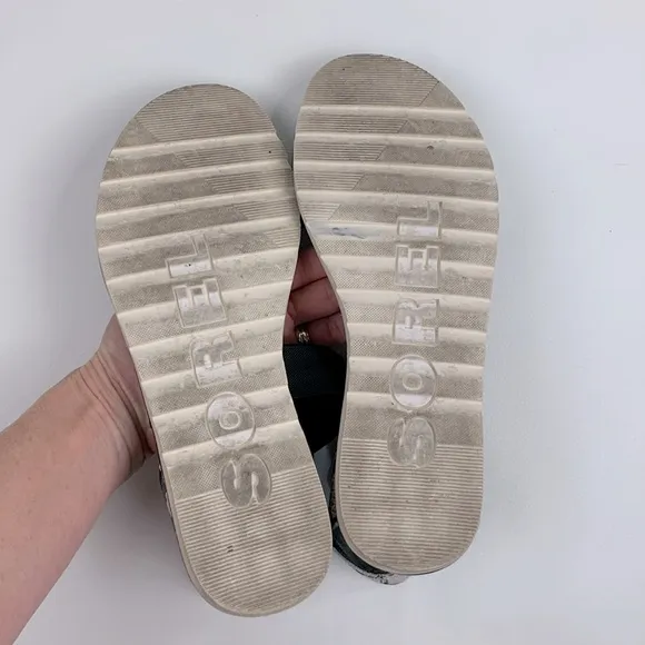 Sorel Ella II Black Creme Snakeskin Sandals flats Elastic cross ankle strap 10