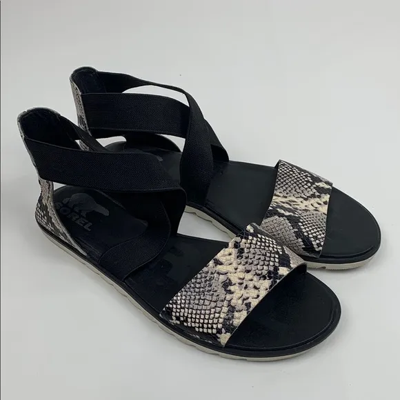 Sorel Ella II Black Creme Snakeskin Sandals flats Elastic cross ankle strap 10