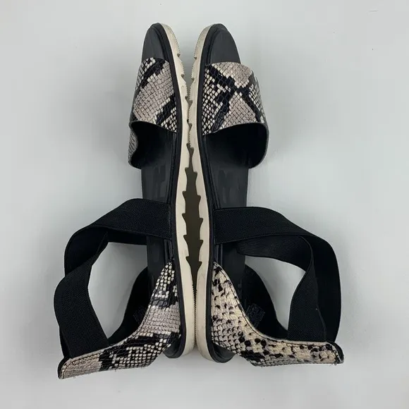Sorel Ella II Black Creme Snakeskin Sandals flats Elastic cross ankle strap 10