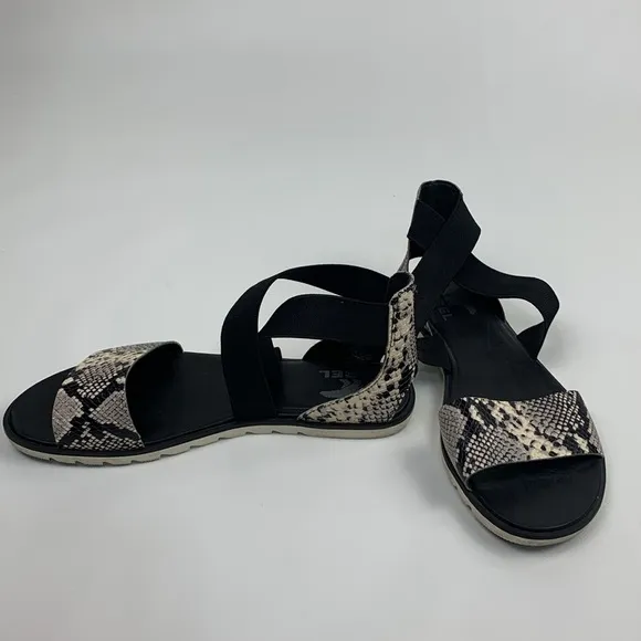Sorel Ella II Black Creme Snakeskin Sandals flats Elastic cross ankle strap 10