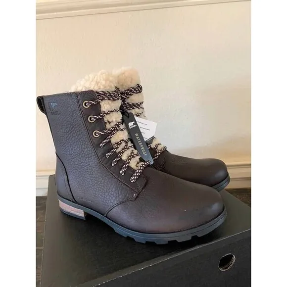 SOREL Emelie Shearling Short Lace-Up Leather Boots Blacken Brown-NIB- SZ 8&amp; 9