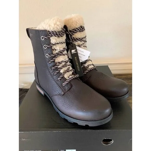 SOREL Emelie Shearling Short Lace-Up Leather Boots Blacken Brown-NIB- SZ 8&amp; 9