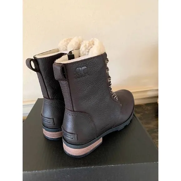 SOREL Emelie Shearling Short Lace-Up Leather Boots Blacken Brown-NIB- SZ 8&amp; 9