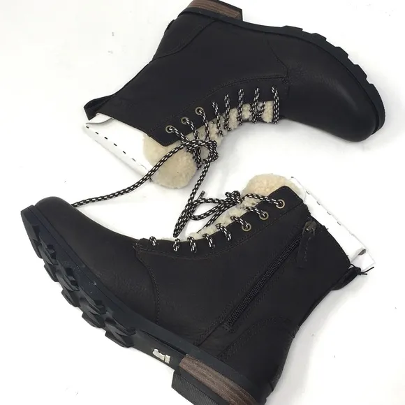 Sorel Emelie Short Lace Cozy Leather Boots Blackened Brown, Sz 8