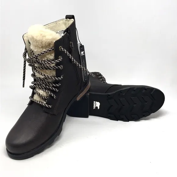 Sorel Emelie Short Lace Cozy Leather Boots Blackened Brown, Sz 8