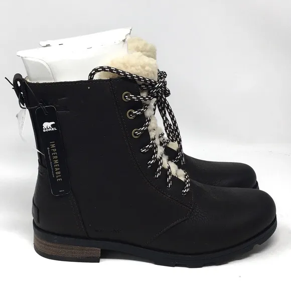 Sorel Emelie Short Lace Cozy Leather Boots Blackened Brown, Sz 8