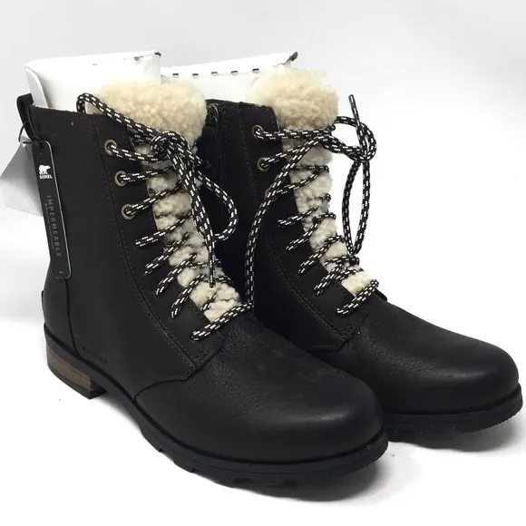Sorel Emelie Short Lace Cozy Leather Boots Blackened Brown, Sz 8