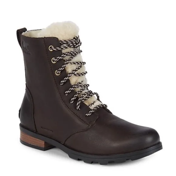 Sorel Emelie Short Lace Cozy Leather Boots Blackened Brown, Sz 8