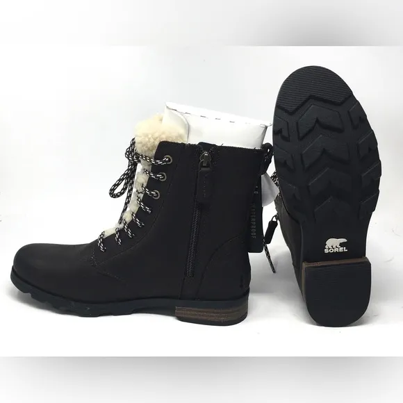 Sorel Emelie Short Lace Cozy Leather Boots Blackened Brown, Sz 8