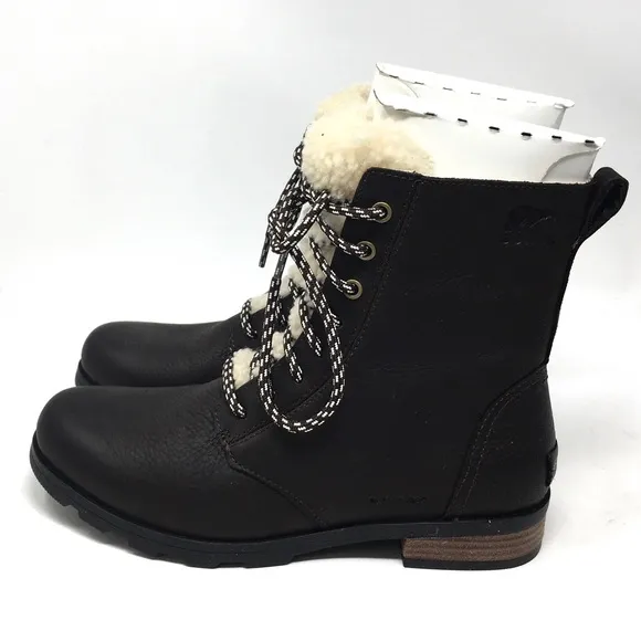 Sorel Emelie Short Lace Cozy Leather Boots Blackened Brown, Sz 8
