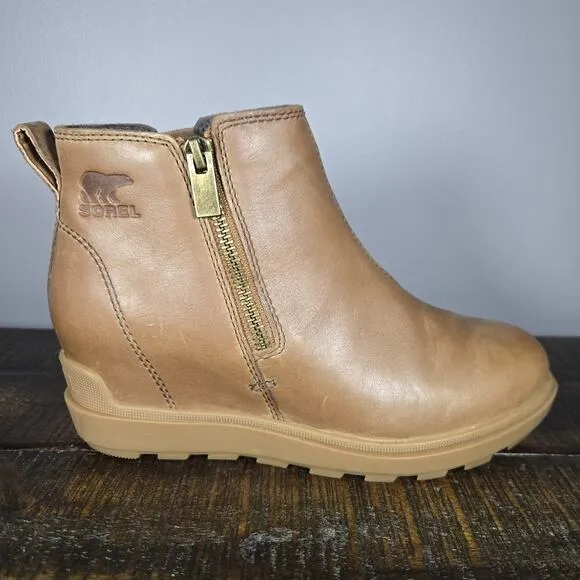 Sorel Evie II Womens Size 6 Zip Up Wedge Ankle Boots Waterproof Brown Leather