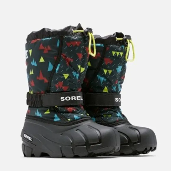 Sorel Flurry Insulated Tall Snow Boots Lined Black Print Youth Girl Size 7 NEW