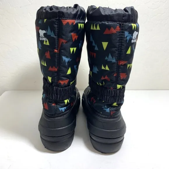 Sorel Flurry Insulated Tall Snow Boots Lined Black Print Youth Girl Size 7 NEW