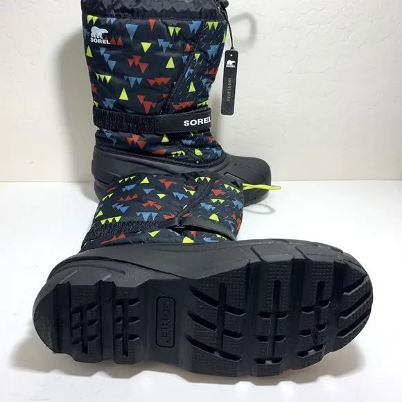 Sorel Flurry Insulated Tall Snow Boots Lined Black Print Youth Girl Size 7 NEW