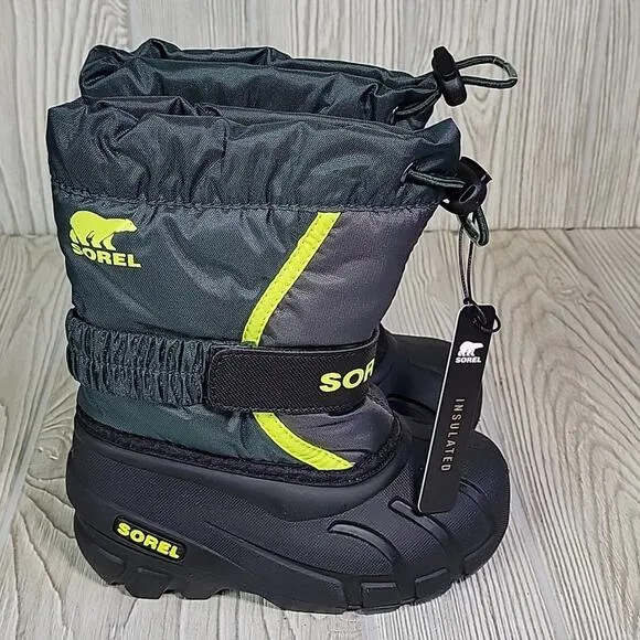 Sorel Flurry Winter Snow Boots Green Black Waterproof Kids Toddler Size 9 NIB