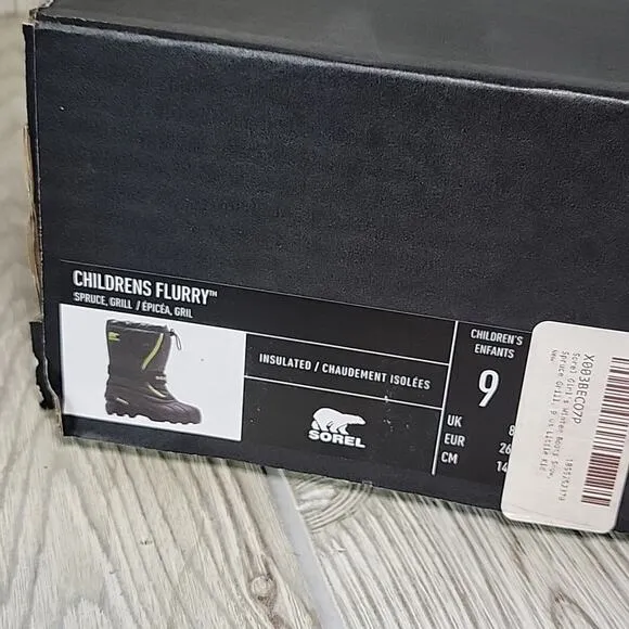 Sorel Flurry Winter Snow Boots Green Black Waterproof Kids Toddler Size 9 NIB