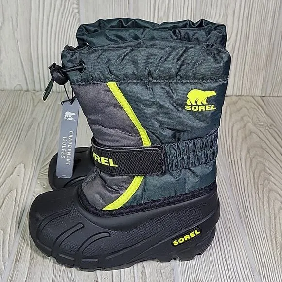 Sorel Flurry Winter Snow Boots Green Black Waterproof Kids Toddler Size 9 NIB