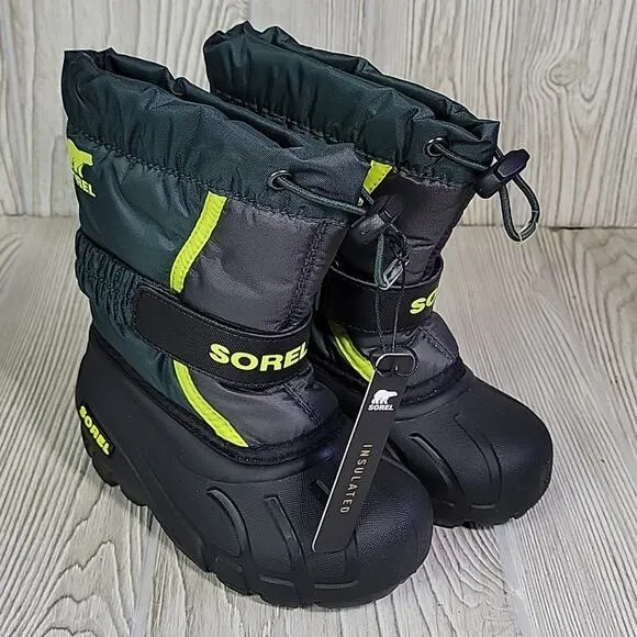 Sorel Flurry Winter Snow Boots Green Black Waterproof Kids Toddler Size 9 NIB