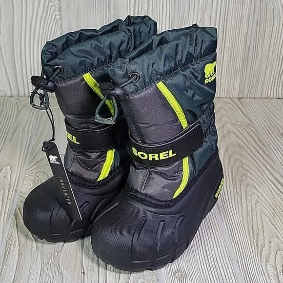 Sorel Flurry Winter Snow Boots Green Black Waterproof Kids Toddler Size 9 NIB