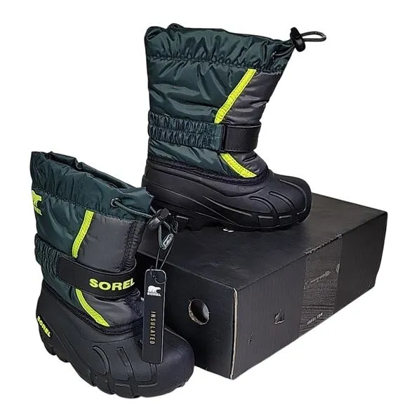 Sorel Flurry Winter Snow Boots Green Black Waterproof Kids Toddler Size 9 NIB