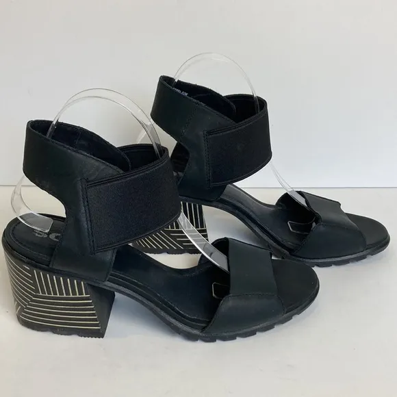 Sorel Nadia Block Heel Ankle Strap Black Sandals Size 11 Genuine Leather Comfort