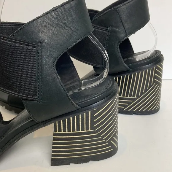 Sorel Nadia Block Heel Ankle Strap Black Sandals Size 11 Genuine Leather Comfort