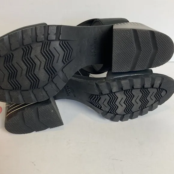 Sorel Nadia Block Heel Ankle Strap Black Sandals Size 11 Genuine Leather Comfort