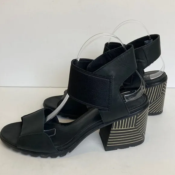 Sorel Nadia Block Heel Ankle Strap Black Sandals Size 11 Genuine Leather Comfort