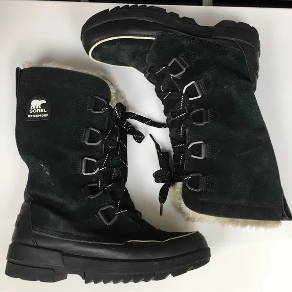 Sorel Women’s Waterproof Out Dry Boots Black Suede Faux Fur Lining Size 10.5