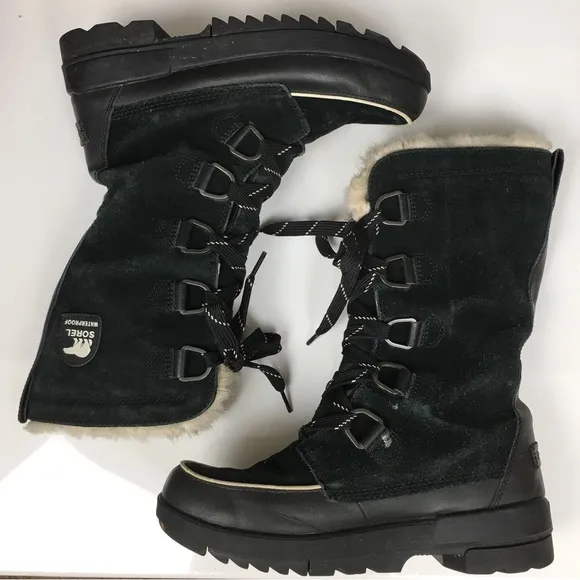 Sorel Women’s Waterproof Out Dry Boots Black Suede Faux Fur Lining Size 10.5