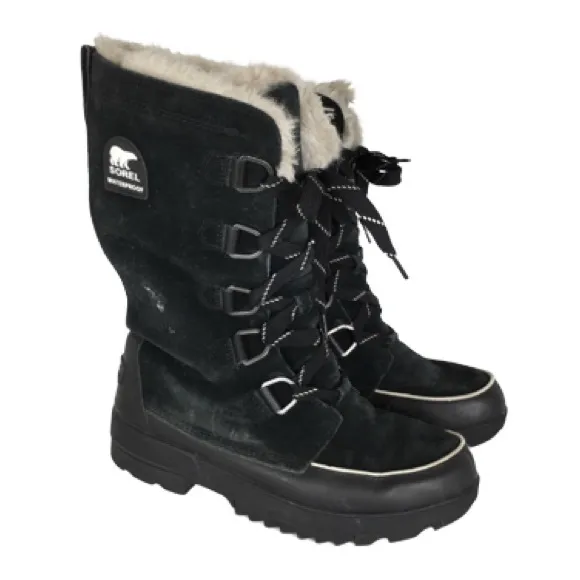 Sorel Women’s Waterproof Out Dry Boots Black Suede Faux Fur Lining Size 10.5