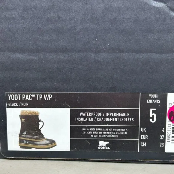 Sorel Yoot Pac TP Waterproof Boot Nylon Sherpa Black NY1963-013 Youth 5 Tried On