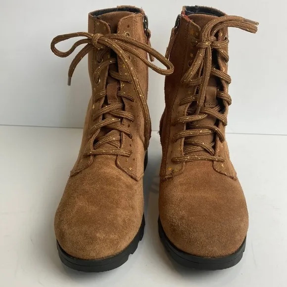 Sorel Youth Emelie Short Lace Velvet Tan Girls Boots Size 5 Stars Waterproof