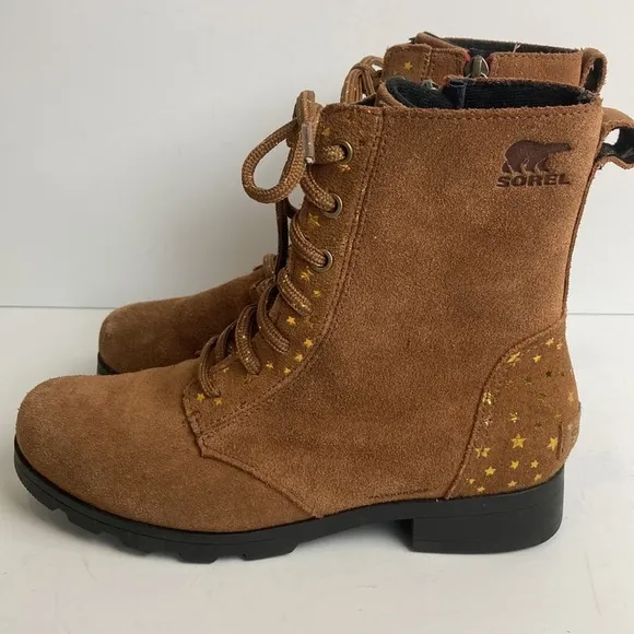 Sorel Youth Emelie Short Lace Velvet Tan Girls Boots Size 5 Stars Waterproof