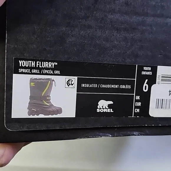 Sorel Youth Flurry Waterproof Snow Boots Spruce/Grill Kids Size 6 NEW