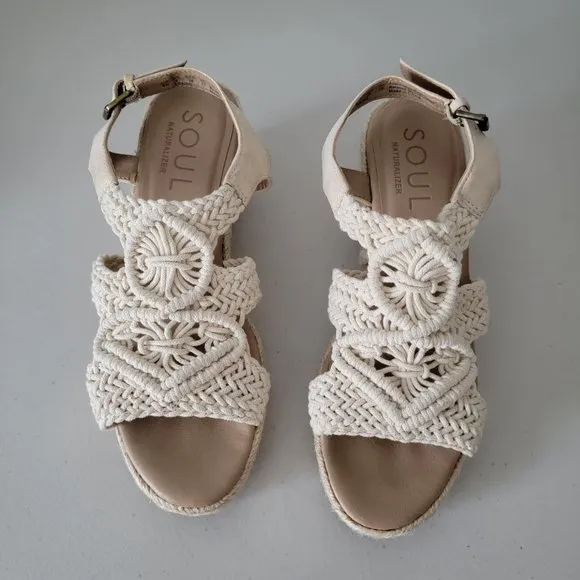 Soul Naturalizer Oasis Espadrille Wedge Macrame Sandals Womens 8 Cream Crochet