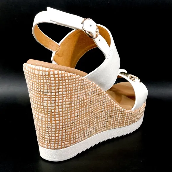 SPACE MODA BY REPO 🇮🇹 WOMEN'S WHITE LEATHER COMFORT SUMMER WEDGE SANDALS