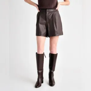 Splendid brown high-waisted front pleat zipper fly vegan leather trouser shorts‎