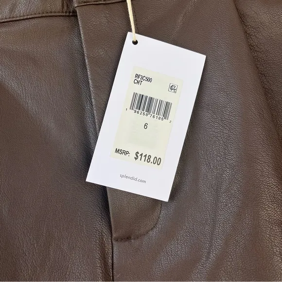 Splendid brown high-waisted front pleat zipper fly vegan leather trouser shorts‎