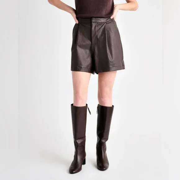Splendid brown high-waisted front pleat zipper fly vegan leather trouser shorts‎