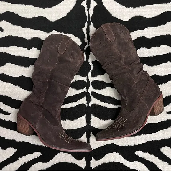 Steve Madden Chocolate Brown Suede Slouchy Saddle Cowboy Boots Size 10