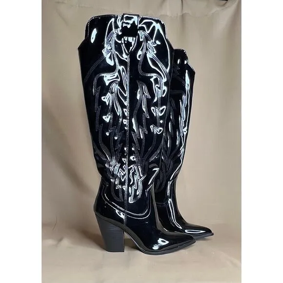 Steve Madden Tessy Tall Black Patent Leather Western Cowboy Boots 6 New