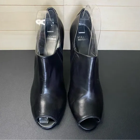 Stuart Weitzman Black Leather Peep Toe Heels Women's Size 9 Shoes M Zipper Pumps
