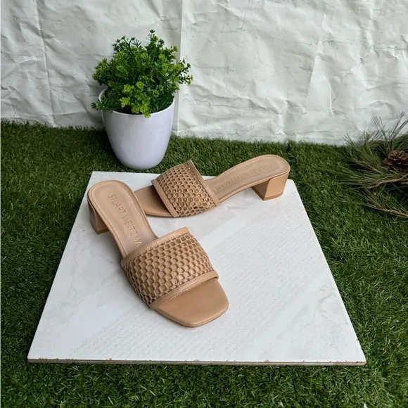 Stuart Weitzman (Ginger) Beige Mesh CAYMAN 35 Block Heel slide Sandals size 7